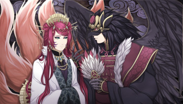Картинка аниме -halloween+&+magic арт парень девушка хвосты крылья маска веер заколки