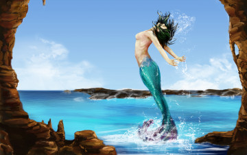 Картинка фэнтези русалки русалка прыжок вода скалы