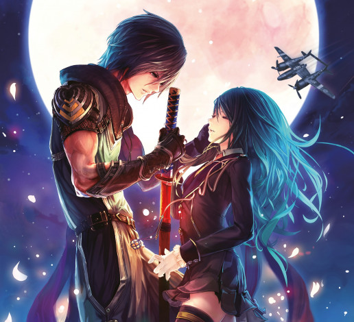 Обои картинки фото saionji botan, аниме, -weapon,  blood & technology, луна, парень, девушка, saionji, kikyou, лепестки, оружие, небо, самолет, меч, botan, bimo, tachikawa, mushimaro, akai, katana, shin, арт, ночь