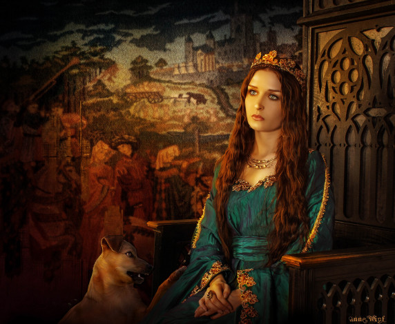 Обои картинки фото 3д графика, люди , people, девушка, взгляд, собака