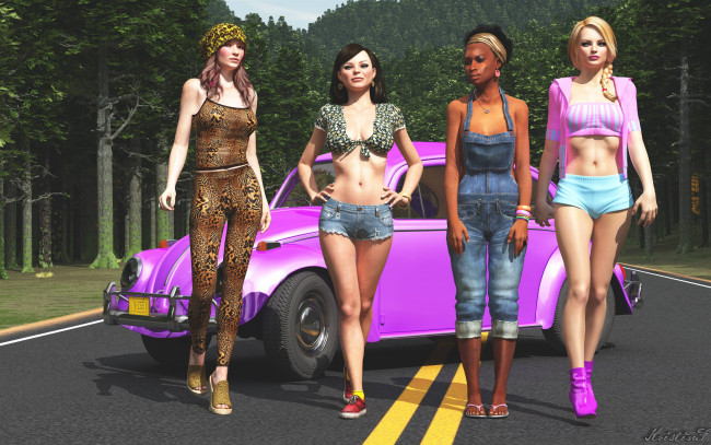 Обои картинки фото 3д графика, люди , people, девушки, автомобиль