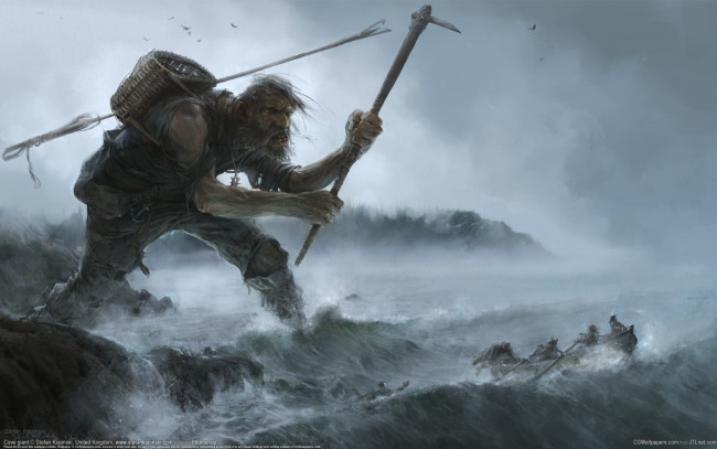 Обои картинки фото stefan kopinski, фэнтези, люди, лодка, великан, шторм, море, stefan, kopinski