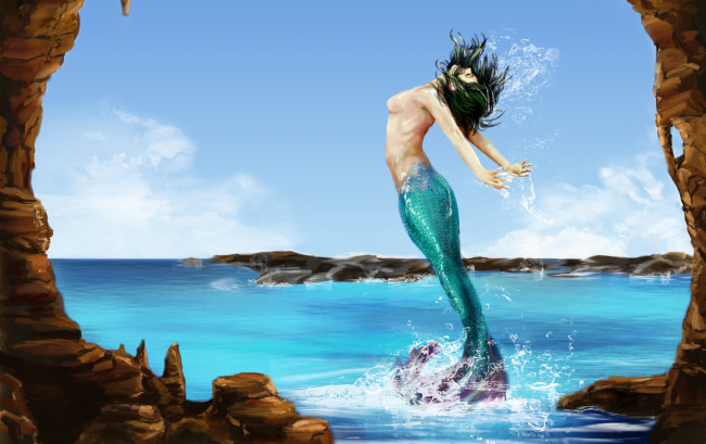 Обои картинки фото фэнтези, русалки, русалка, прыжок, вода, скалы