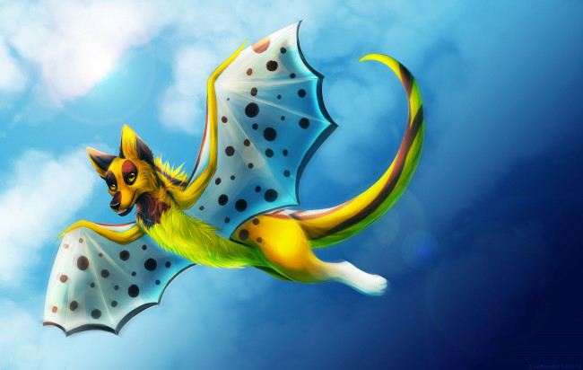 Обои картинки фото рисованные, животные,  сказочные,  мифические, полет, крылья, фон, собака
