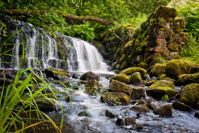 Обои картинки фото природа, водопады, лес, река, водопад, скалы