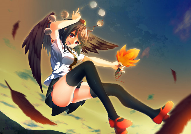 Обои картинки фото аниме, touhou, трусики, радость, shameimaru, aya, взгляд, девушка, перья, полет, крылья, niwashi, art