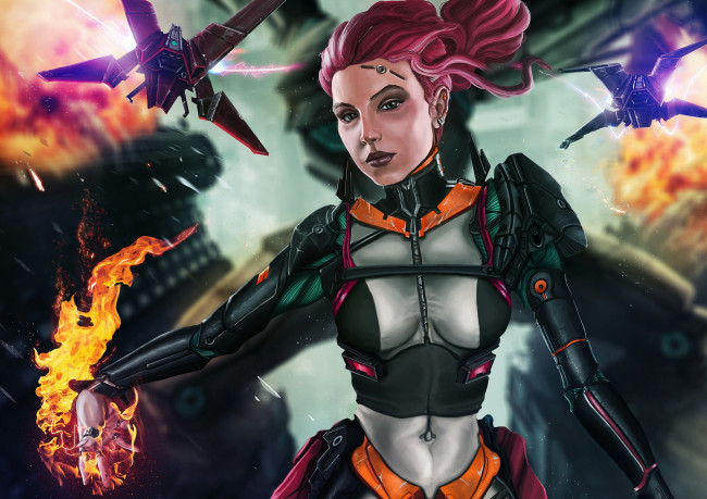 Обои картинки фото фэнтези, роботы,  киборги,  механизмы, киборг, робот, девушка, дроны