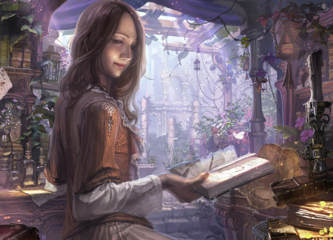 Обои картинки фото фэнтези, девушки, свеча, пузырьки, солнечные, лучи, гербарий, граммофон, бабочки, книги, девушка, арт, цветы