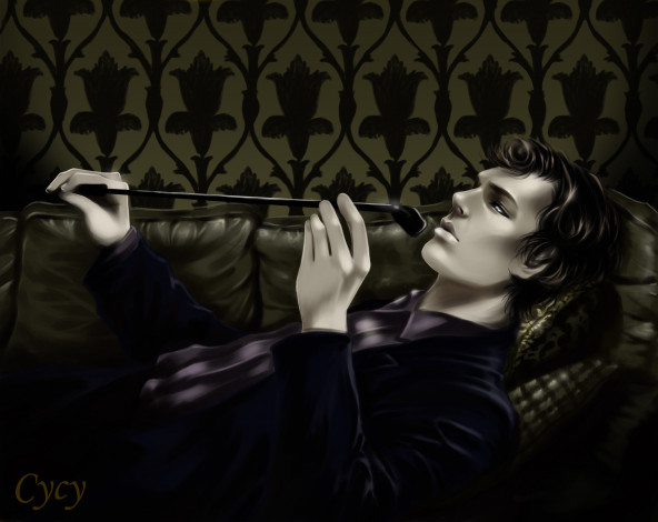 Обои картинки фото фэнтези, люди, брюнет, узор, комната, стена, лежит, ночь, парень, арт