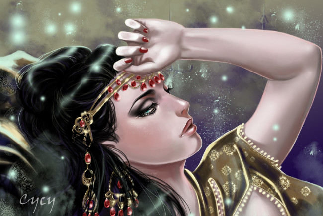 Обои картинки фото фэнтези, девушки, украшения, взгляд, рука, девушка, арт, laufey