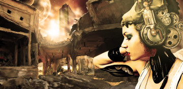 обоя фэнтези, роботы,  киборги,  механизмы, фон, девушка, шестеренки