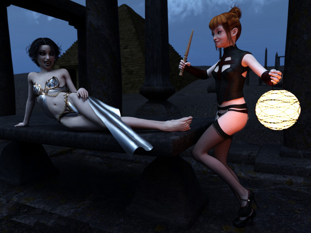 Обои картинки фото 3д графика, существа , creatures, вампир, ночь, взгляд, фон, девушки