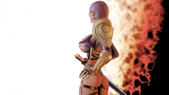 Обои картинки фото 3д графика, фантазия , fantasy, девушка, фон, меч, латы, взгляд