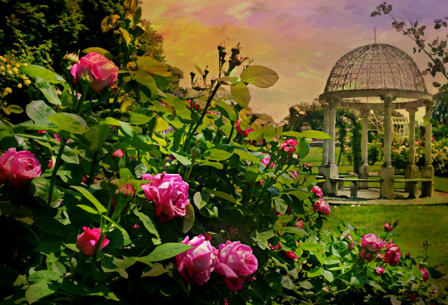 Обои картинки фото рисованное, цветы, картина, беседка, розы