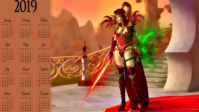 Обои картинки фото календари, фэнтези, 2019, calendar, лестница, женщина, стоит, оружие, девушка