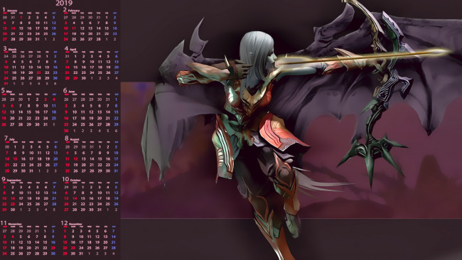 Обои картинки фото календари, видеоигры, женщина, 2019, лук, девушка, calendar, стрела, оружие, крылья