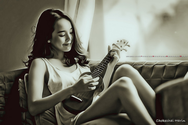 Обои картинки фото календари, компьютерный дизайн, 2019, женщина, улыбка, calendar, инструмент, играет, музыка, девушка, диван