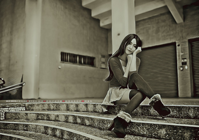 Обои картинки фото календари, компьютерный дизайн, 2019, calendar, женщина, сидит, девушка, азиатка, ступени