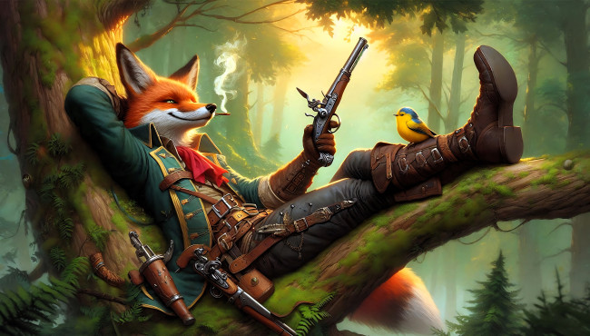 Обои картинки фото фэнтези, существа, лис, костюм, оружие, сигарета, птица, лес, дерево