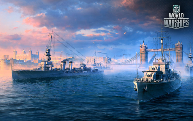 Обои картинки фото видео игры, world of warships, корабли, море, англия, мост, здания