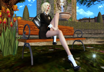 Картинка 3д графика people люди сумка блондинка ноги скамейка тюльпаны