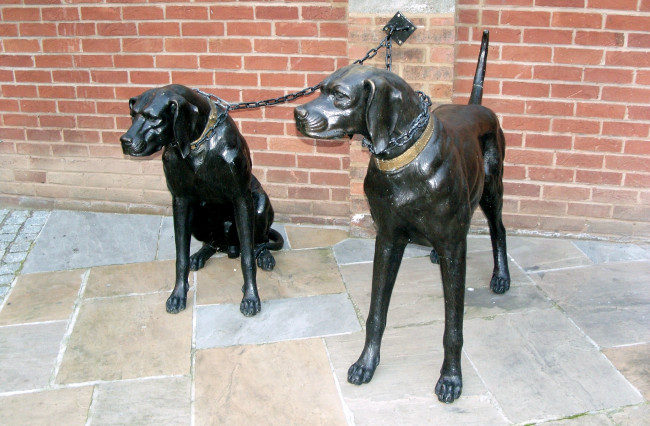 Обои картинки фото города, памятники, скульптуры, арт, объекты, бронзовый, стена, собаки, привязь