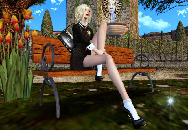Обои картинки фото 3д, графика, people, люди, сумка, блондинка, ноги, скамейка, тюльпаны