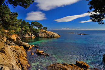 обоя коста, брава, испания, природа, побережье, деревья, камни, море