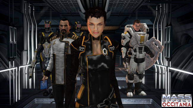 Обои картинки фото mass, effect, occitania, видео, игры, dae, hyun, and, cassius, роботы, мужчина, девушка