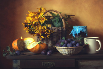 Картинка еда натюрморт яблоки тыква сливы рудбекия