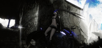 Картинка by+ex-trident аниме black+rock+shooter мотоцикл меч небо облака девушка город руины здания плащ