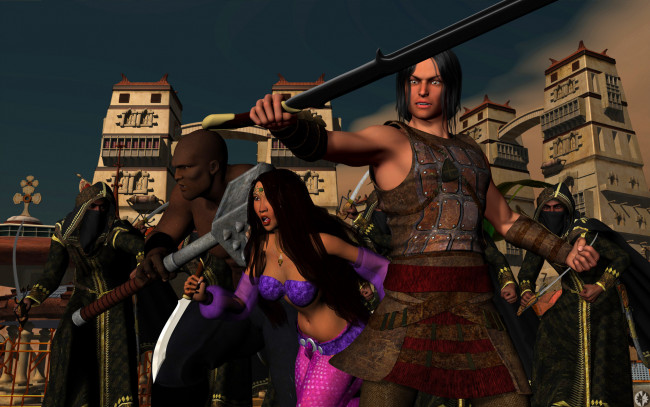 Обои картинки фото 3д графика, люди , people, мужчины, девушка, город, оружие