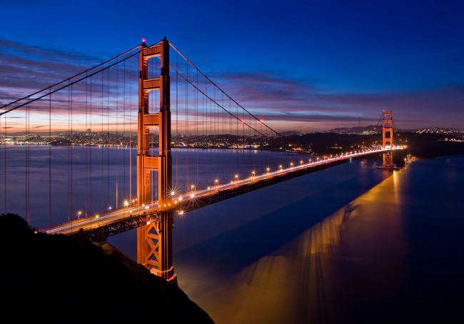 Обои картинки фото города, - мосты, золотые, ворота, сша, мост, огни, вечер, сан, -, фрацыско