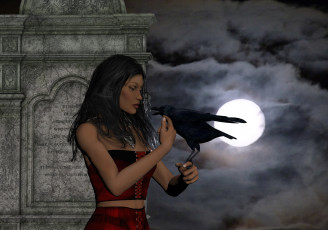 Картинка 3д+графика люди+ people ворон фон взгляд девушка луна