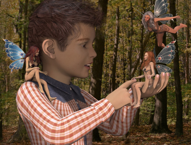 Обои картинки фото 3д графика, эльфы , elves, взгляд, мальчик, лес, фон, феи