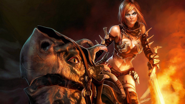 Обои картинки фото фэнтези, красавицы и чудовища, тайрис, флэр, рыжая, амазонка, верхом, tyris, flare, девушка, воительница, beast, rider, golden, axe, мифическое, животное, кости, огненный, меч