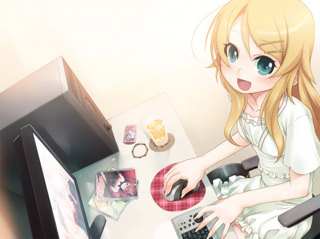 Обои картинки фото аниме, oreimo, взгляд, девушка, фон