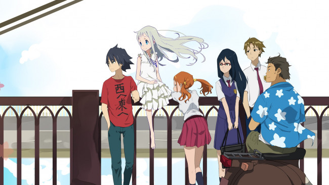 Обои картинки фото аниме, anohana, девушки, фон, взгляд