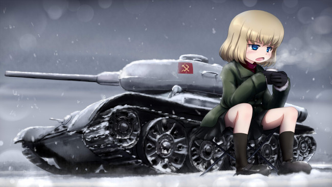 Обои картинки фото аниме, girls und panzer, взгляд, фон, девушка