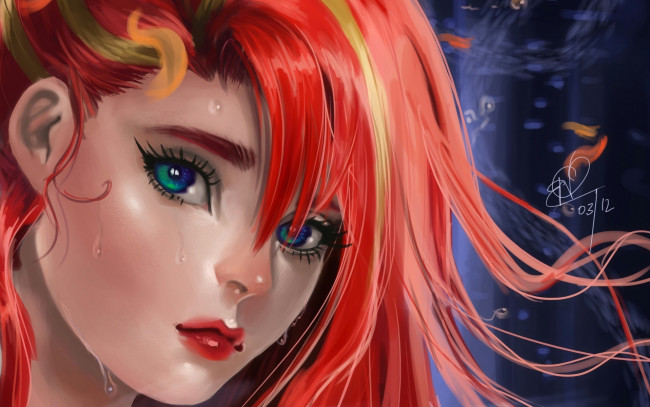 Обои картинки фото фэнтези, девушки, рыжая, лицо, взгляд, капли, реницы, портрет, art, sakimichan