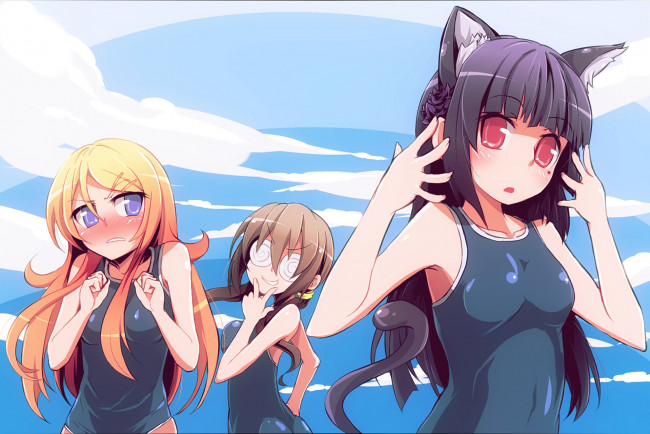 Обои картинки фото аниме, oreimo, взгляд, фон, девушки