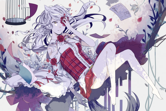 Обои картинки фото аниме, животные,  существа, девушка