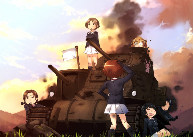 Обои картинки фото аниме, girls und panzer, взгляд, фон, девушки