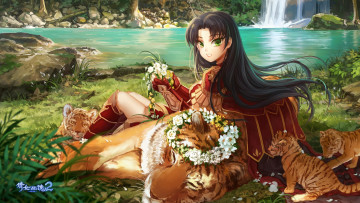 Картинка аниме животные +существа девушка тигр игра арт венок персонаж