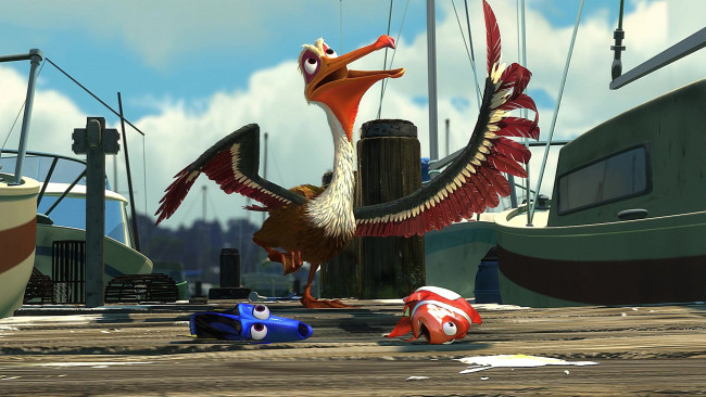 Обои картинки фото мультфильмы, finding nemo, причал, рыба, птица, лодка