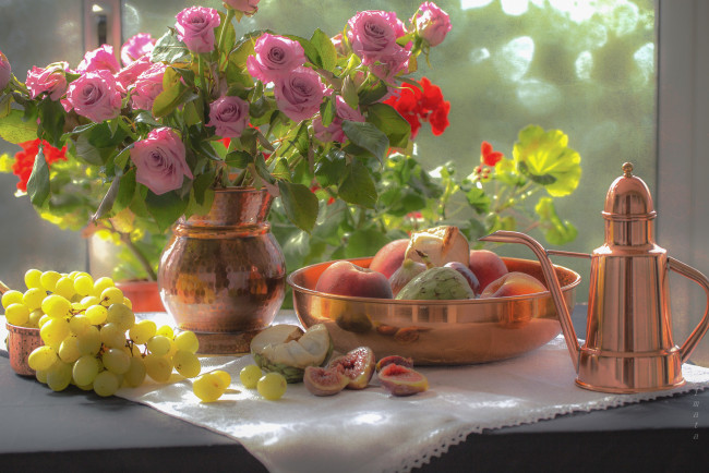 Обои картинки фото еда, натюрморт, инжир, виноград