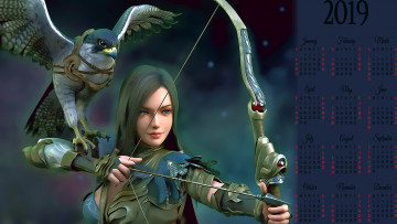 Картинка календари фэнтези девушка оружие лук стрела женщина calendar 2019 птица сокол воительница