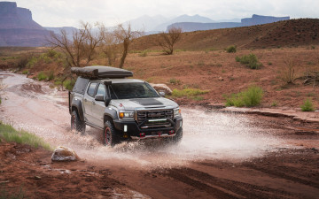Картинка автомобили gm-gmc 2021 gmc canyon at4 overland off road concept 4k вид спереди экстерьер джип природа лужа водная преграда