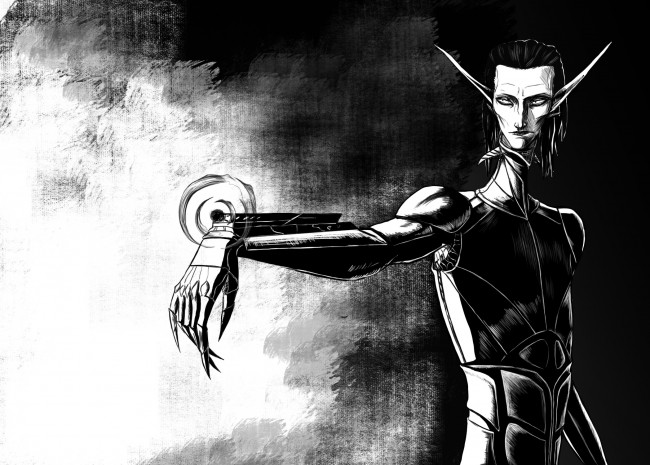 Обои картинки фото фэнтези, существа, существо, рука, оружие, уши