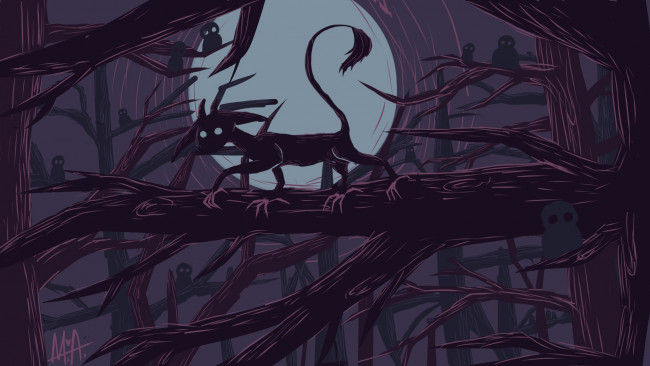 Обои картинки фото фэнтези, существа, лес, ветки, совы, черт